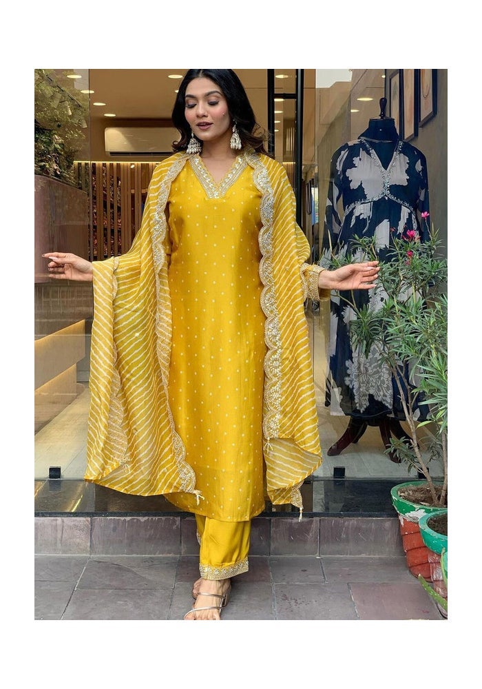 Malishka Export Chanderi Embroidery Yellow Kurta Pant With Dupatta for Women - Image 1
